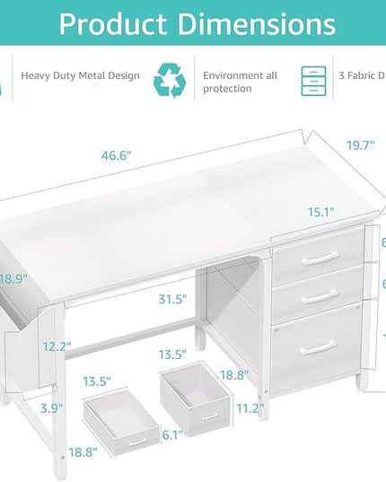 Lufeiya White Computer Desk with File Drawers Cabinet, 47 Inch Home Office Desks with Fabric Filing Cabinet for Small Space, Modern Writing Table PC Desks, White - LeafyLoom