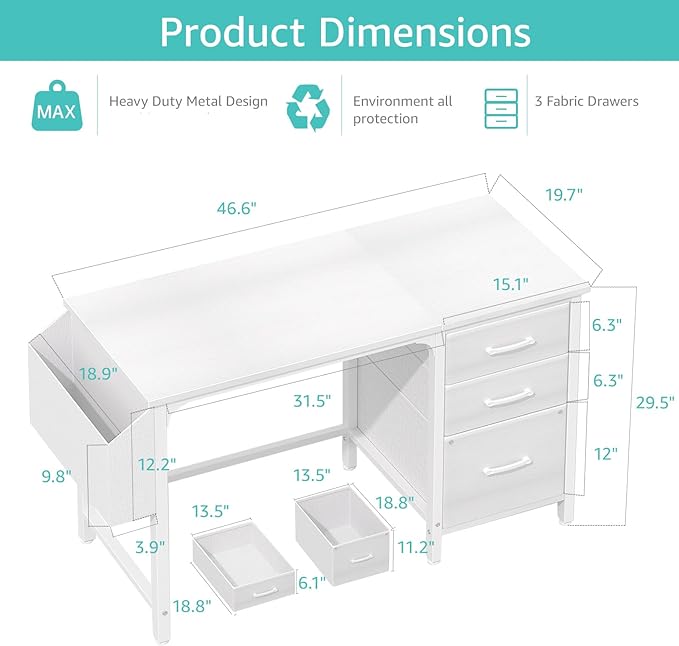 Lufeiya White Computer Desk with File Drawers Cabinet, 47 Inch Home Office Desks with Fabric Filing Cabinet for Small Space, Modern Writing Table PC Desks, White - LeafyLoom