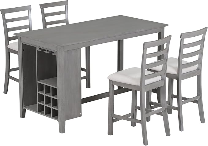RITSU Modern 5-Piece Dining Set, Multi-Functional Counter Height Dinette Suit with Padded Chairs and Integrated 9 Bar Wine Compartment, Wineglass Holders for Home Kitchen, Gray-1 - LeafyLoom