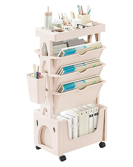 5 Tier Book Rack Storage Bookshelf, Removable Movable Unique Bookcase, Mobile Bookshelf with Wheels Utility Organizer Bookshelves for Kids Children Students Study in Bedroom Living Room School (Khaki) - LeafyLoom