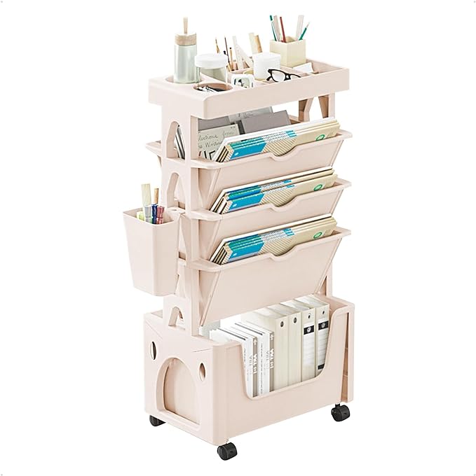 5 Tier Book Rack Storage Bookshelf, Removable Movable Unique Bookcase, Mobile Bookshelf with Wheels Utility Organizer Bookshelves for Kids Children Students Study in Bedroom Living Room School (Khaki) - LeafyLoom