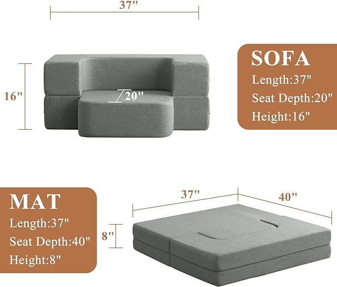 Convertible Folding Sofa - Modern Linen Fabric Coffee Table, Foldable Floor & Futon Couch, with Pillow for Living Room/Dorm/Guest Room/Home Office/Apartment,Single (2 in 1),Light Gray - LeafyLoom