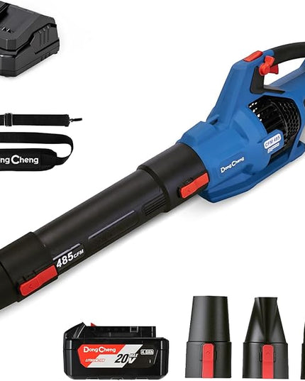 DongCheng Cordless Leaf Blower, 485 CFM Variable Speed & Turbo Mode, 3 Nozzles, Shoulder Strap, 4.0Ah Battery and Charger Included, Battery Powered Leaf Blower for Town Care, Patio and Blowing Leaves - LeafyLoom