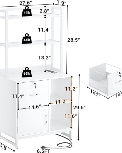 Homieasy Vertical Filing Cabinet with Lock & Charging Station, Large Drawer Wood File Cabinet with Bookshelf, Printer Stand with Open Storage Shelf, fits Letter Size for Home Office, White - LeafyLoom