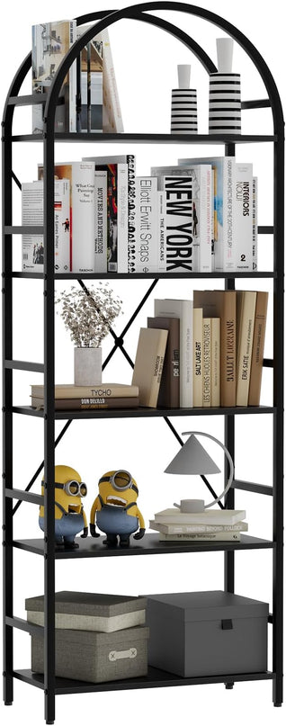 5-Tier Bookshelf, 24 Inch Width Industrial Arched Bookcase, Vintage Storage Rack with Open Shelves, Free Standing Shelf for Home Office, Living Room,Bedroom, Black - LeafyLoom