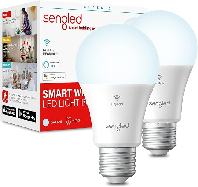 Sengled Smart Light Bulbs, WiFi Light Bulbs, Alexa Light Bulb, Smart Bulbs that Work with Alexa & Google Assistant, A19 Daylight (5000K) No Hub Required, 800LM 60W Equivalent High CRI>90, 2 Pack Sengled