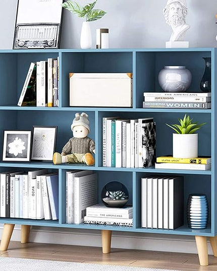 IOTXY Wooden Open Shelf Bookcase - 3-Tier Floorstanding Display Cabinet Rack with Legs, 8 Cubes Free Standing Bookshelf, Bright Blue - LeafyLoom