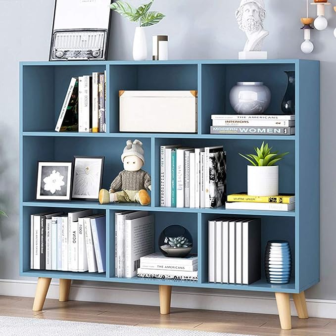 IOTXY Wooden Open Shelf Bookcase - 3-Tier Floorstanding Display Cabinet Rack with Legs, 8 Cubes Free Standing Bookshelf, Bright Blue - LeafyLoom
