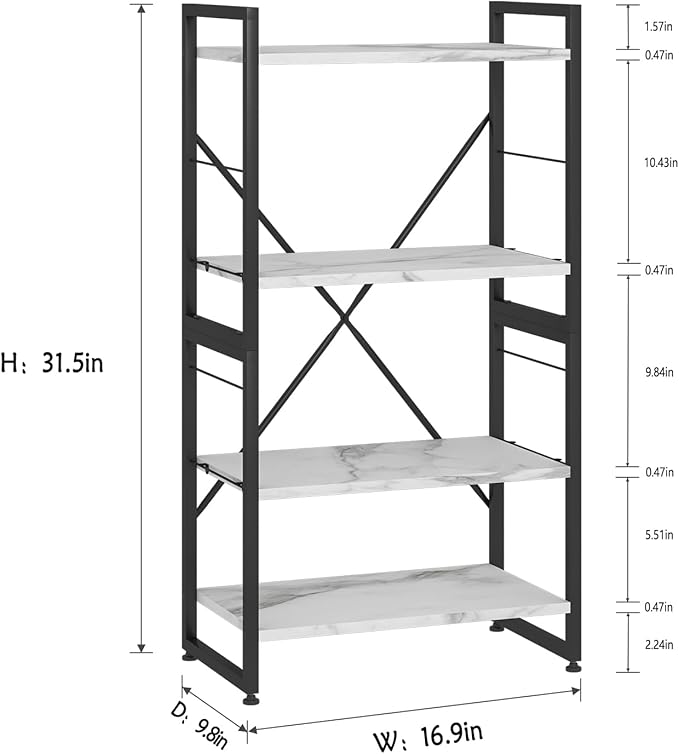 4 Tiers Bookshelf Adjustable White Faux Marble Organizer, Modern Small Bookcase for Small Space,Industrial Wooden Storage Display Rack and Storage Organizer for Living Room Home Office - LeafyLoom