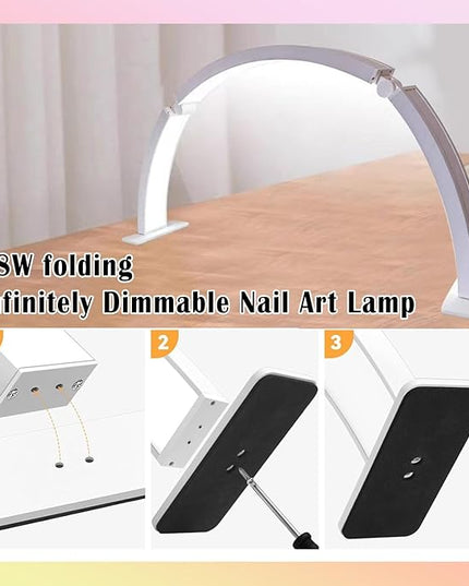Half Moon Nail Desk Lamp 29.5In, Foldable Half Moon Nail Desk Light with Phone Stand, 48w LED Manicure Lamp, 3 Brightness Settings, Arch Light for Nail Techs, for Nails, Beauty, Crafts, Tattoo (White) - LeafyLoom