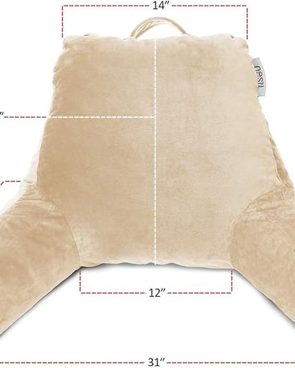 Nestl Reading Pillow with Portable Laptop Lap Desk, Velvet Feel Back Pillow for Sitting in Bed, Shredded Memory Foam Back Support Pillow for Bed, Bed Rest Pillow with Arms, Standard - Cream - LeafyLoom