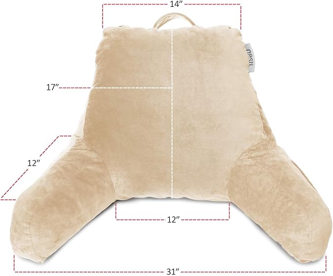 Nestl Reading Pillow with Portable Laptop Lap Desk, Velvet Feel Back Pillow for Sitting in Bed, Shredded Memory Foam Back Support Pillow for Bed, Bed Rest Pillow with Arms, Standard - Cream - LeafyLoom