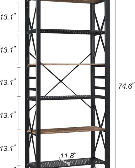 HOMBAZAAR Bookshelf, 6-Tier Industrial Bookshelf, Etagere Bookcases and Bookshelves, Tall Bookshelf Storage Organizer, Freestanding Bookshelf for Living Room, Bedroom and Home Office, Brown - LeafyLoom