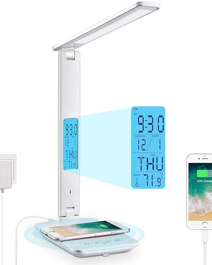 LAOPAO LED Desk Lamp with Wireless Charger, USB Charging Port, Adjustable Foldable Table Lamp with Clock, Alarm, Date, Temperature, 5-Level Dimmable Lighting, Office Lamp with Adapter, White - LeafyLoom