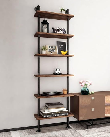 Industrial Pipe Bookshelves Rustic Wall Ladder Bookshelf Display Storage Stand Shelf Bookcase for Living Room, Kitchen, Office (6 Tier) - LeafyLoom