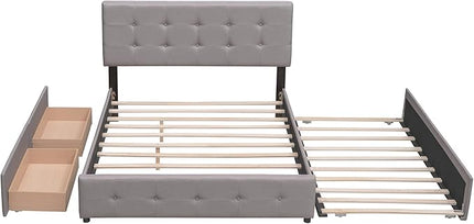 Size Upholstered Platform Bed with Headboard, Twin XL Trundle and 2 Drawers Storage, Linen Fabric Bedframe for Bedroom, Queen (U.S. Standard), Light Gray - LeafyLoom