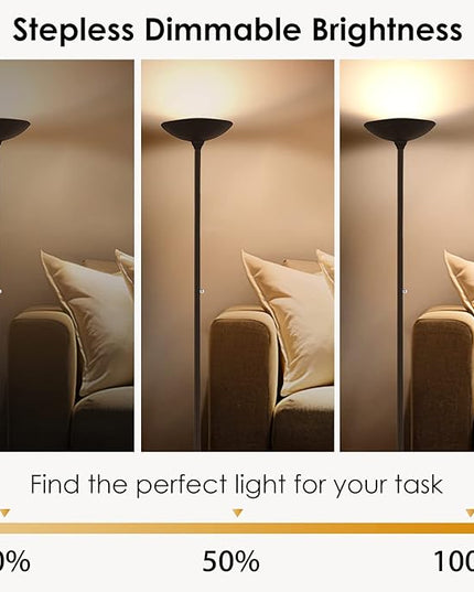 BoostArea Torchiere Floor Lamp, 24W Super Bright LED Standing Lamp, Stepless Dimmable Pole Lamp with 3000K Lighting, Rotary Switch, 70 Inch Tall Metal Modern Floor lamps for Living Room/Bedroom Brown - LeafyLoom