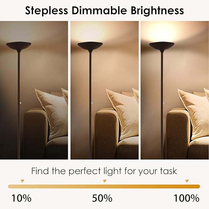 BoostArea Torchiere Floor Lamp, 24W Super Bright LED Standing Lamp, Stepless Dimmable Pole Lamp with 3000K Lighting, Rotary Switch, 70 Inch Tall Metal Modern Floor lamps for Living Room/Bedroom Brown - LeafyLoom