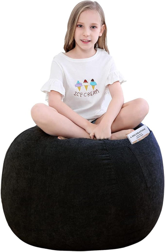 Bean Bag Chair Cover (No Filler) Stuffed Animal Storage for Kids .Soft Premium Corduroy Stuffable Beanbag for Organizing Children Plush Toys or Memory Foam Small 100L (Black) - LeafyLoom