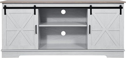 YITAHOME Farmhouse TV Stand for 65/60/55 Inch, Modern Entertainment Center with Sliding Barn Door, Wood TV Media Console Storage TV Cabinet for Living Room for 300lbs, Grey White & Grey Wash - LeafyLoom
