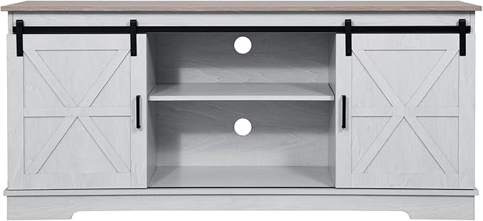 YITAHOME Farmhouse TV Stand for 65/60/55 Inch, Modern Entertainment Center with Sliding Barn Door, Wood TV Media Console Storage TV Cabinet for Living Room for 300lbs, Grey White & Grey Wash - LeafyLoom