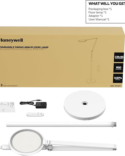 Honeywell LED Floor Lamp - F01WT Sunturalux™ Eye Caring Dimmable Standing Light with Remote,Bright Natural Daylight 5 Colors & 5 Brightness Adjustable Tall Lampara for Home Office Living Room Bedroom - LeafyLoom