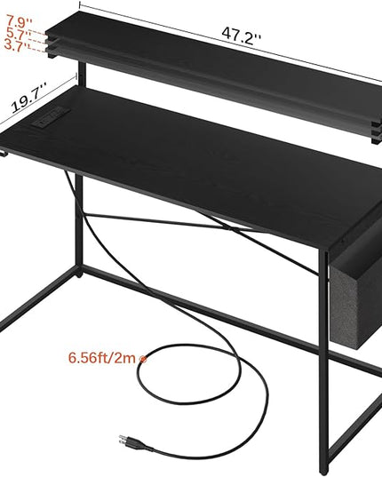 Yoobure Computer Desk with Power Outlets Fast Charging Type-C Included, Gaming Desk with LED Lights, 47" Office Desk with Adjustable Monitor Stand, Small Desk Home Office Desks with Storage Bag & Hook - LeafyLoom