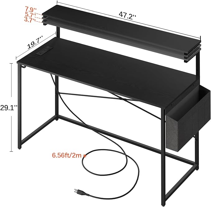 Yoobure Computer Desk with Power Outlets Fast Charging Type-C Included, Gaming Desk with LED Lights, 47" Office Desk with Adjustable Monitor Stand, Small Desk Home Office Desks with Storage Bag & Hook - LeafyLoom