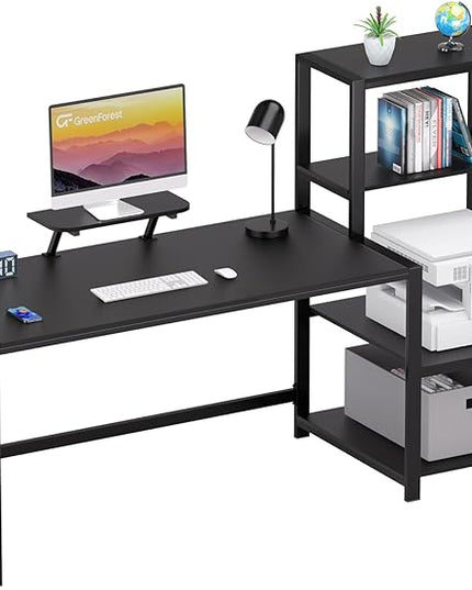GreenForest Computer Desk 67 inch with Storage Printer Shelf, Reversible Gaming Home Office Desk Large Study Writing Table with Movable Monitor Stand and 2 Headphone Hooks for PC Working, Black - LeafyLoom