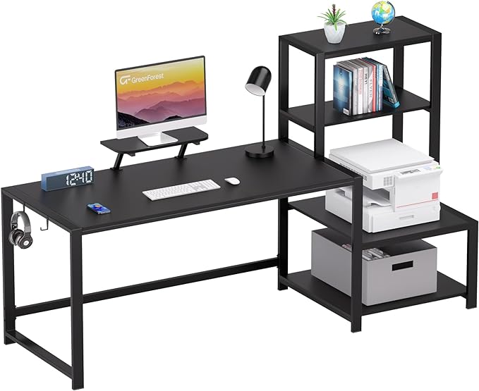 GreenForest Computer Desk 67 inch with Storage Printer Shelf, Reversible Gaming Home Office Desk Large Study Writing Table with Movable Monitor Stand and 2 Headphone Hooks for PC Working, Black - LeafyLoom