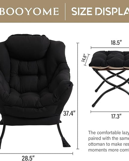 Lazy Chair with Ottoman, Modern Accent Chair Contemporary Lounge Leisure Upholstered Sofa Chair Set with Armrests, Reading Chair for Living Room, Bedroom, Office, Black - LeafyLoom