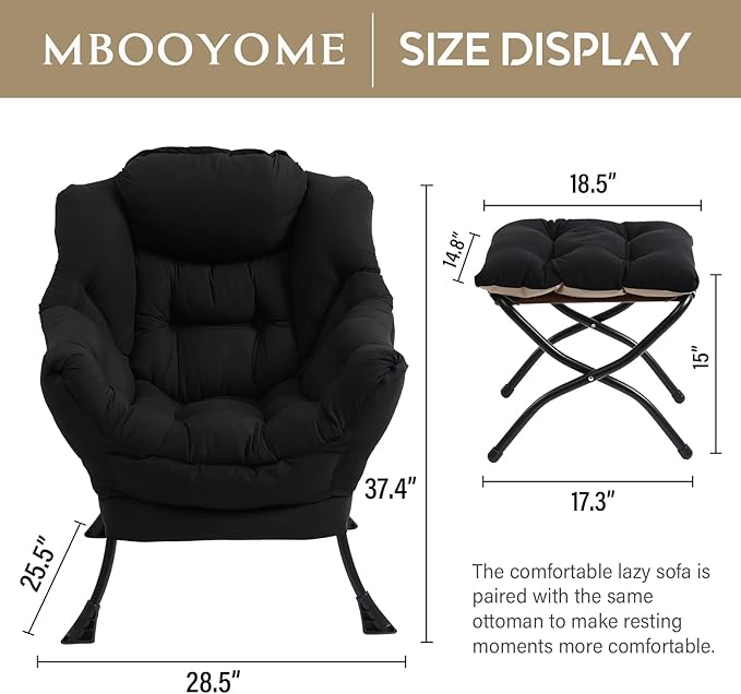 Lazy Chair with Ottoman, Modern Accent Chair Contemporary Lounge Leisure Upholstered Sofa Chair Set with Armrests, Reading Chair for Living Room, Bedroom, Office, Black - LeafyLoom