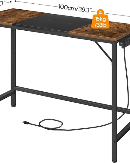 HOOBRO Computer Desk, Home Office Desk with Power Outlet, Modern Study Writing Desk with 3 Hooks for Study Room, Home Office, Sturdy and Stable, Easy to Assemble, Rustic Brown and Black BF41UDN01 - LeafyLoom