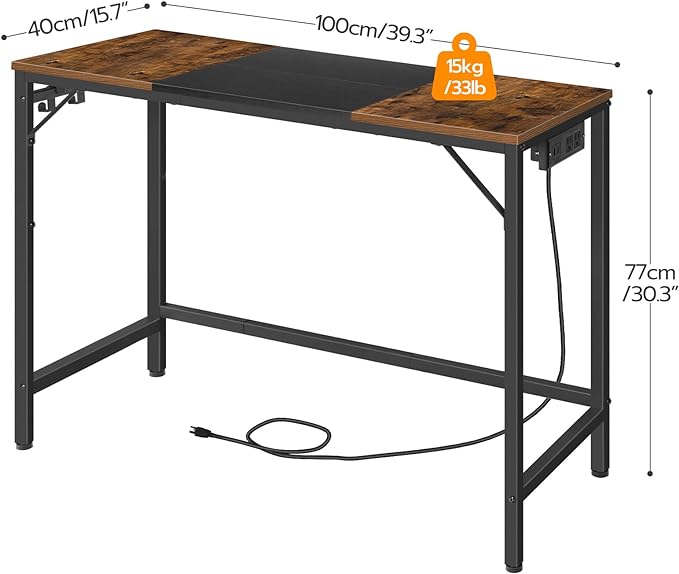 HOOBRO Computer Desk, Home Office Desk with Power Outlet, Modern Study Writing Desk with 3 Hooks for Study Room, Home Office, Sturdy and Stable, Easy to Assemble, Rustic Brown and Black BF41UDN01 - LeafyLoom