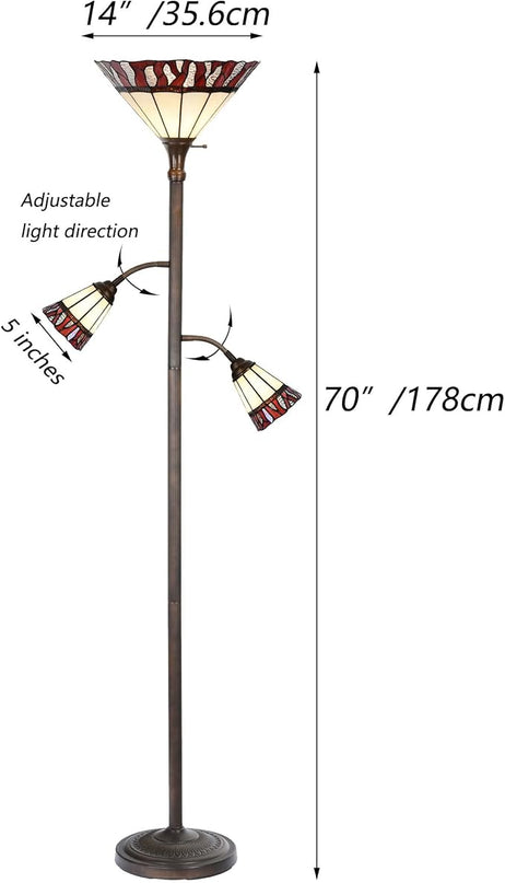 Bieye L10838 Fire Flame Tiffany Style Stained Glass Torchiere Floor Lamp with Sidelights for Reading, 70-inches Tall (Flame, Red) - LeafyLoom