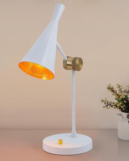 Vintage Industrial Table Lamp for bedroom, Adjustable Dimmable Desk Lamp, Brass Inner Shade Metal Table Lamp for Study, Home Office, Bedside, Nightstand, Reading Lamp Modern Mid-century, White - LeafyLoom