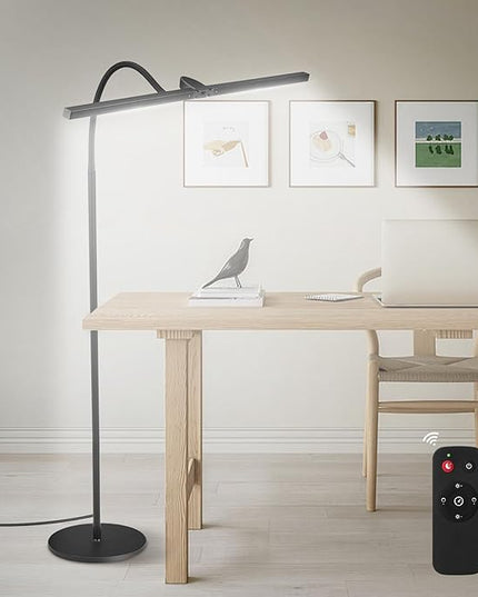 LED Floor Lamp - Foldable Dual Head Design, 24W Ultra Bright Adjustable 3000-5500K Color & 5 Step Brightness, Eye-friendly Anti-glare Reading Lamp with Remote, Standing Lamp for Office Study Drafting - LeafyLoom