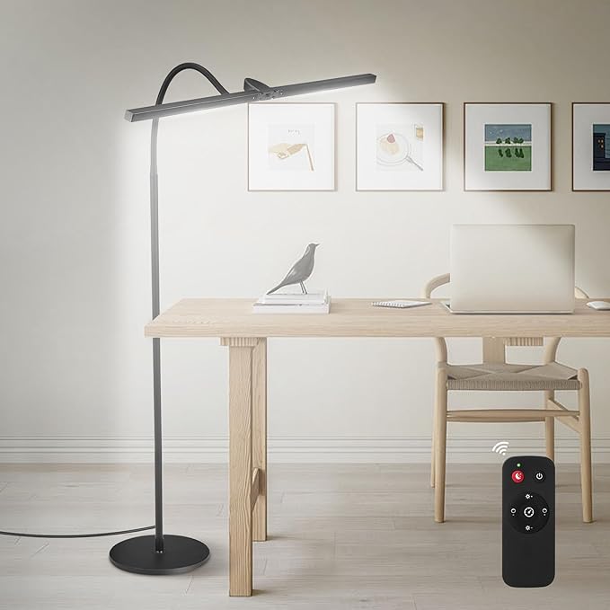 LED Floor Lamp - Foldable Dual Head Design, 24W Ultra Bright Adjustable 3000-5500K Color & 5 Step Brightness, Eye-friendly Anti-glare Reading Lamp with Remote, Standing Lamp for Office Study Drafting - LeafyLoom