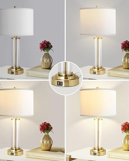 QiMH Lamps for Bedrooms Set of 2, Touch Control Table Lamps with Dual USB Ports, 3-Way Dimmable Bedside Lamp with Fabric Lampshade, Modern Nightstand Lamp for Living Room Bedroom (LED Bulbs Included) - LeafyLoom