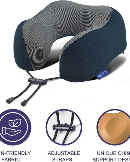 napfun Neck Pillow for Traveling, Upgraded Travel Neck Pillow for Airplane 100% Pure Memory Foam Travel Pillow for Flight Headrest Sleep, Portable Plane Accessories, Deep Blue Set, Medium (120-200LB) - LeafyLoom