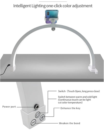 Half Moon Lamp for Lash Extension, 20W 3200 to 5600K Foldable Esthetician Light Eyelash Lamp with Phone Holder, Portable Nail Desk Lamp Lighting for Beauty Skincare Lashes - LeafyLoom