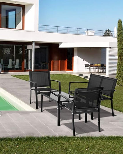 FDW 4 Piece Patio Conversation Sets with Metal Patio Furniture Tempered Glass Tabletop Waterproof Textilene for Outside Backyard Lawn Balcony - LeafyLoom