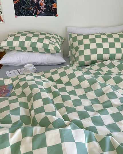 Wellboo Green White Plaid Comforter Sets King Women Men Sage Green Checkerboard Grid Bedding Comforters Cotton Boys Girls Modern Grass Green and White Checkered Geometric Quilts Luxury Abstract Bed - LeafyLoom