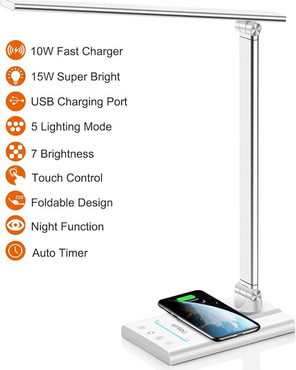 AFROG 5th Gen Multifunctional LED Desk Lamp with 10W Fast Wireless Charger, USB Charging Port,1800Lux Super Bright,5 Lighting Mode,7 Brightness, Touch Control, Auto Timer, 15W Office Table Lamp - LeafyLoom