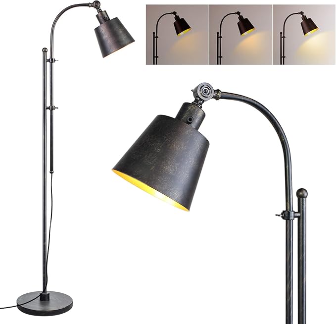 Floor Lamp, Industrial Floor Lamps for Living Rooms & Bedrooms - Rustic Farmhouse Reading Lamp Standing, Adjustable Metal Heads Indoor Task Lighting for Living Room Office Home Décor (Black01-3S) - LeafyLoom