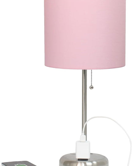 Simple Designs LT1144-LPK Sleek and Slender Brushed Steel Table Lamp with Charging Outlet, for Bedroom, Living Room, Entryway, Office, Dining Room, Study, Light Pink Shade - LeafyLoom