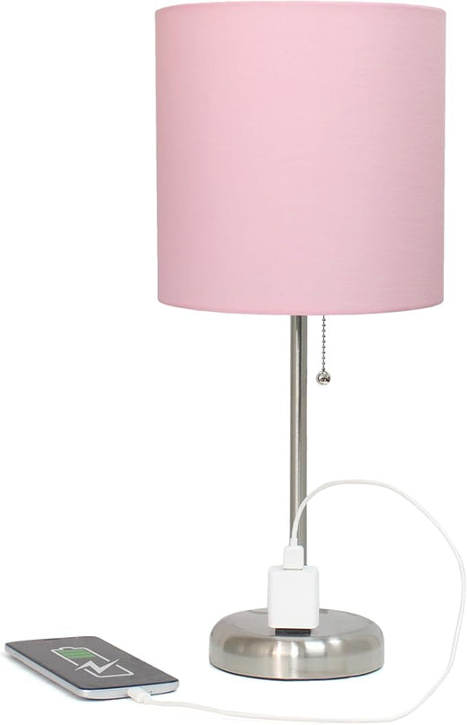 Simple Designs LT1144-LPK Sleek and Slender Brushed Steel Table Lamp with Charging Outlet, for Bedroom, Living Room, Entryway, Office, Dining Room, Study, Light Pink Shade - LeafyLoom