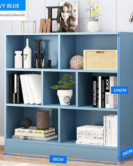 IOTXY Open Shelf Low Bookcase - Wooden 3-Tier Floor Standing Display Cabinet Organizer with Base, 7 Cubes Short Horizontal Bookshelf in Bright Blue - LeafyLoom