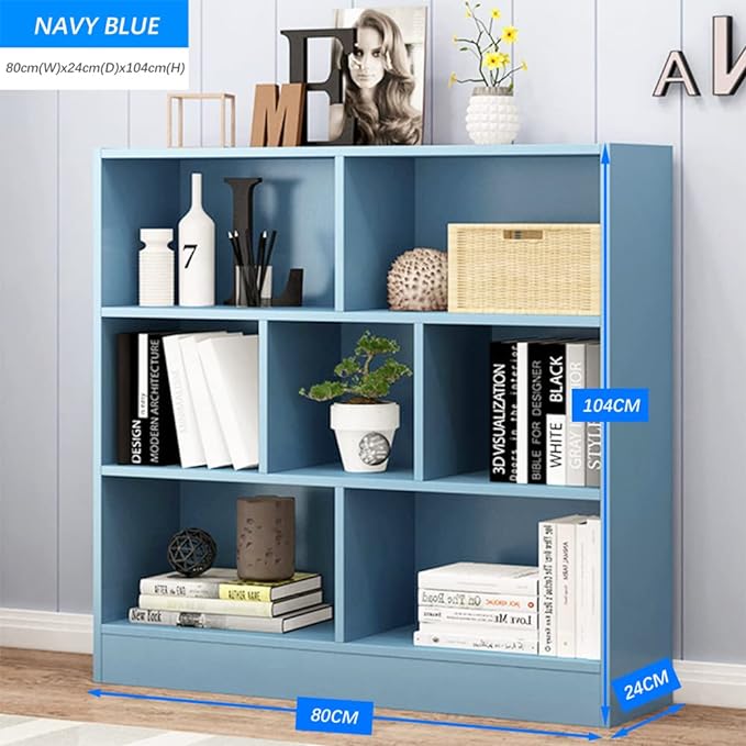 IOTXY Open Shelf Low Bookcase - Wooden 3-Tier Floor Standing Display Cabinet Organizer with Base, 7 Cubes Short Horizontal Bookshelf in Bright Blue - LeafyLoom