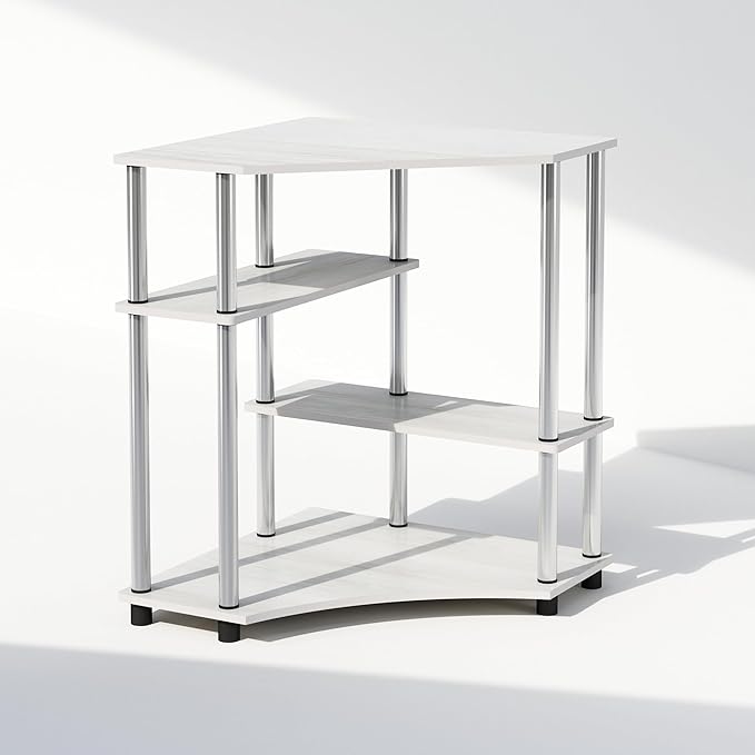 Furinno Turn-N-Tube Multipurpose Corner Shelf, Display Rack, Bookshelf, White Oak, Stainless Steel Tubes - LeafyLoom
